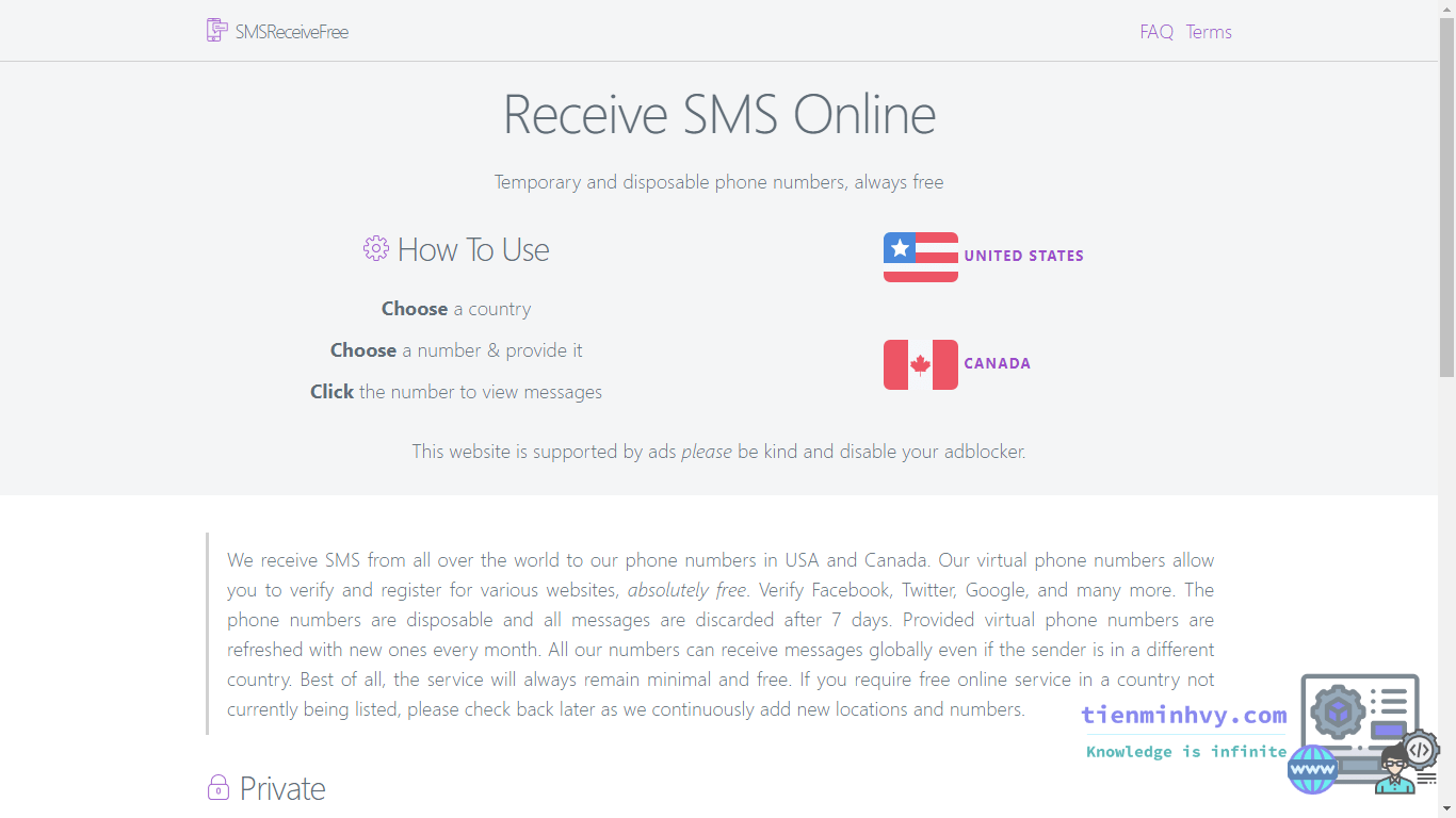 Truy cập Web SMSReceivefree để tạo 1 số điện thoại 2 tài khoản zalo